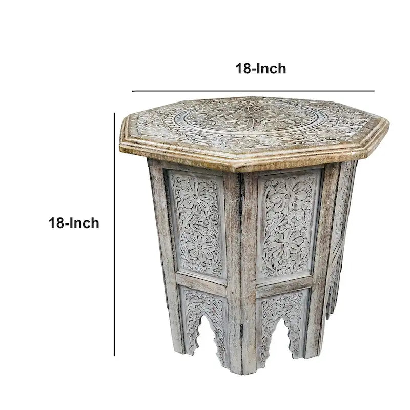 Olta 18 Inch Handcrafted Farmhouse Side Table, Engraved Carved Design, Mango Wood, Octagonal Top, Antique Brown
