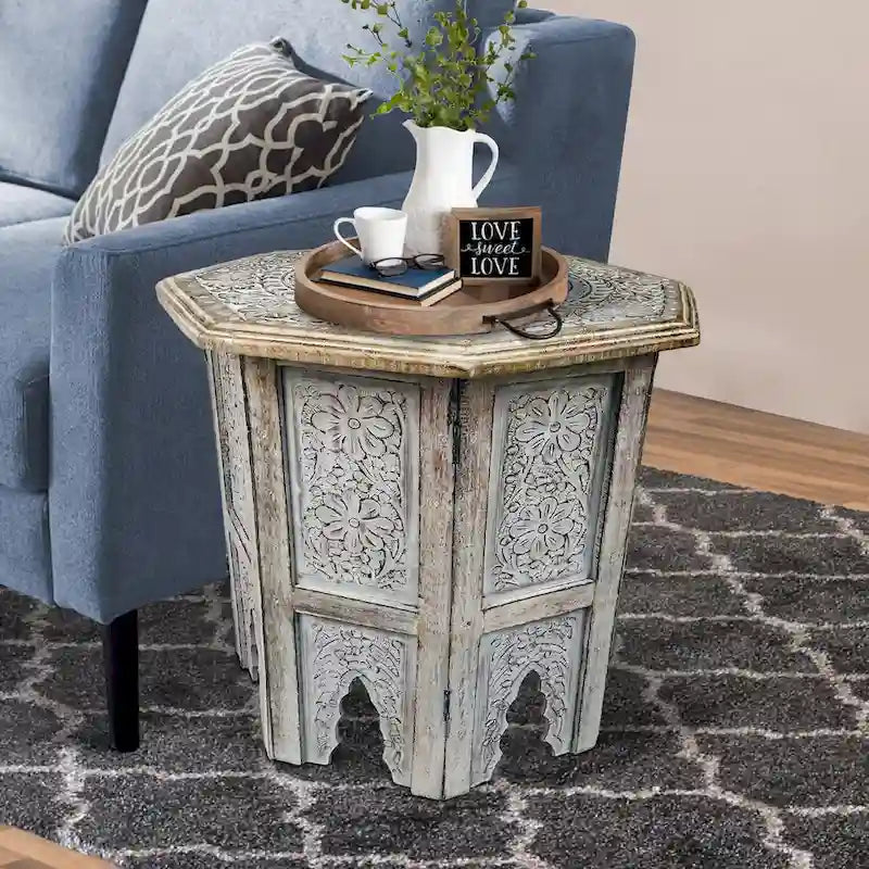 Olta 18 Inch Handcrafted Farmhouse Side Table, Engraved Carved Design, Mango Wood, Octagonal Top, Antique Brown