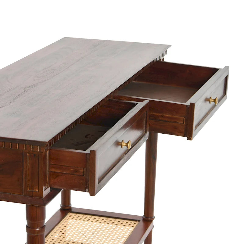 Acacia Wood Console Table with Cane Shelf