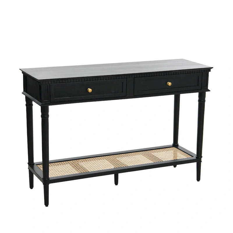 Acacia Wood Console Table with Cane Shelf