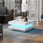 High Gloss Minimalist Design with LED Lights, 2-Tier Square Coffee Table, Center Table for Living Room
