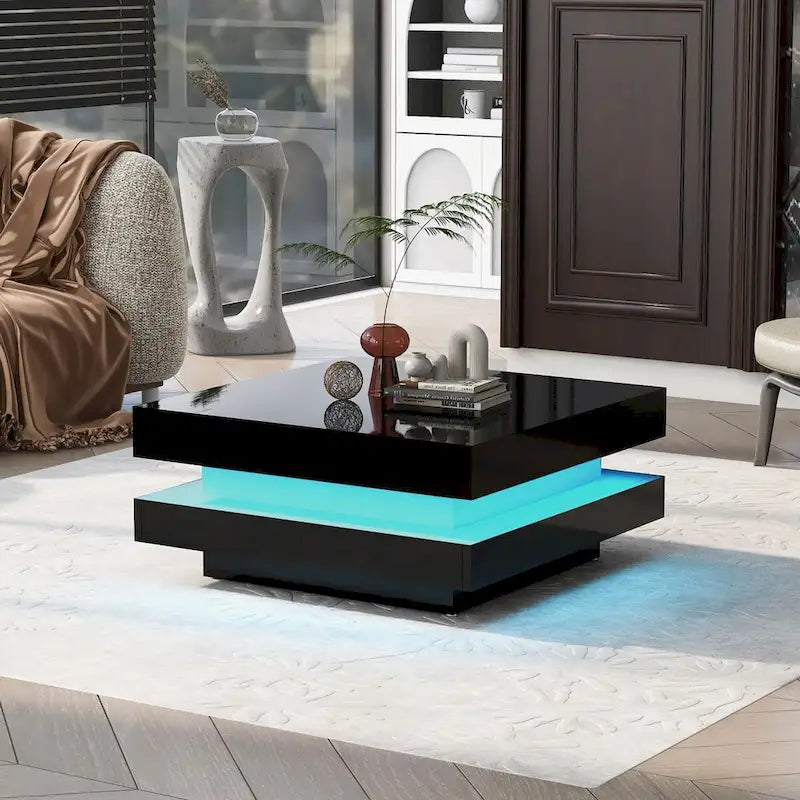 High Gloss Minimalist Design with LED Lights, 2-Tier Square Coffee Table, Center Table for Living Room