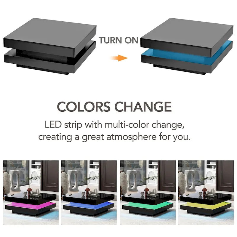 High Gloss Minimalist Design with LED Lights, 2-Tier Square Coffee Table, Center Table for Living Room