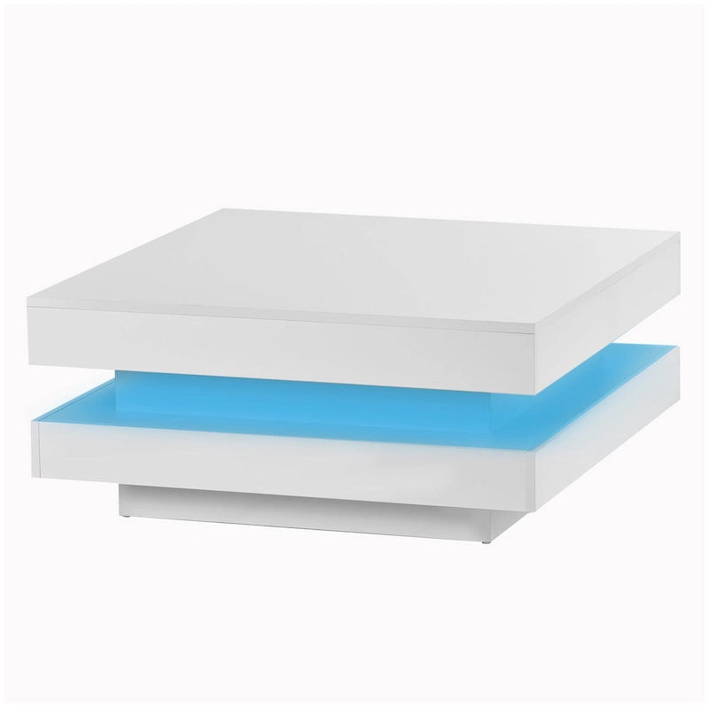 High Gloss Minimalist Design with LED Lights, 2-Tier Square Coffee Table, Center Table for Living Room