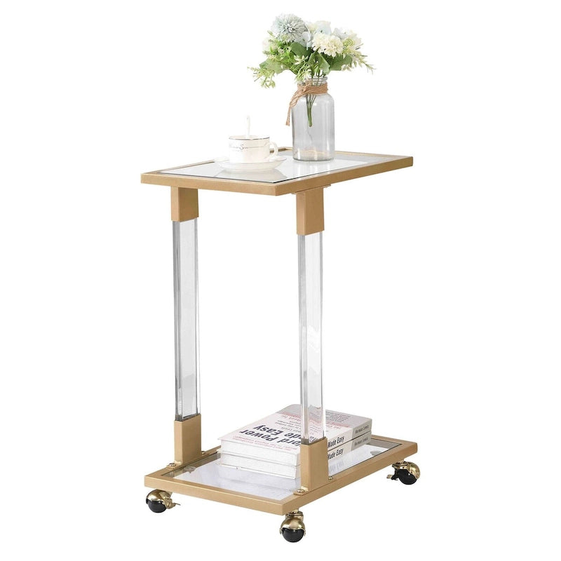 Glass Side Table, Acrylic End Table, Glass Top C Shape Square Table with Metal Base