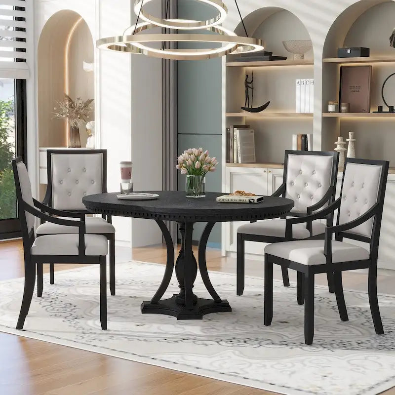5-Piece Dining Set Extendable Round Dining Table and 4 Upholstered Back Chairs for Kitchen Dining Room