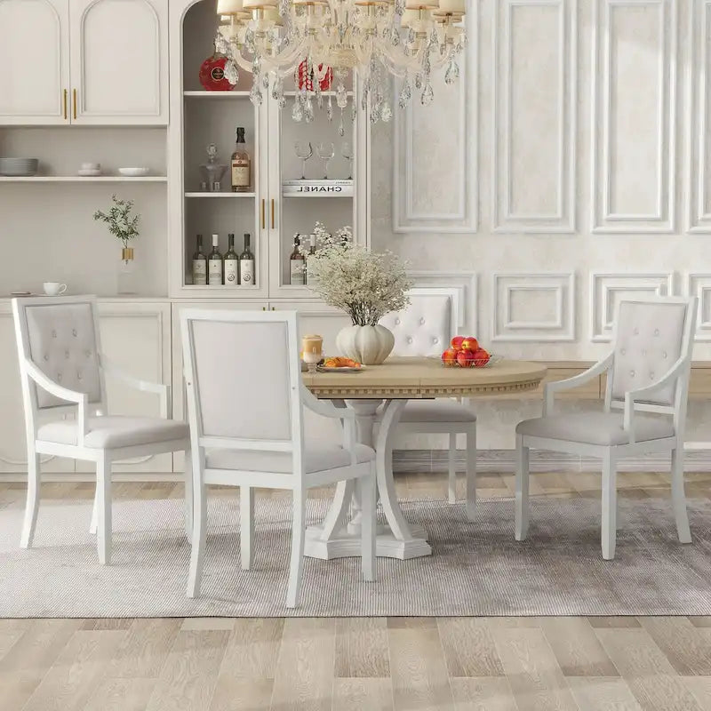 5-Piece Dining Set Extendable Round Dining Table and 4 Upholstered Back Chairs for Kitchen Dining Room