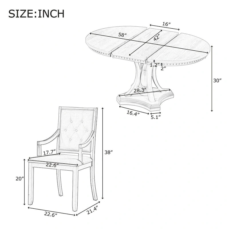 5-Piece Dining Set Extendable Round Dining Table and 4 Upholstered Back Chairs for Kitchen Dining Room