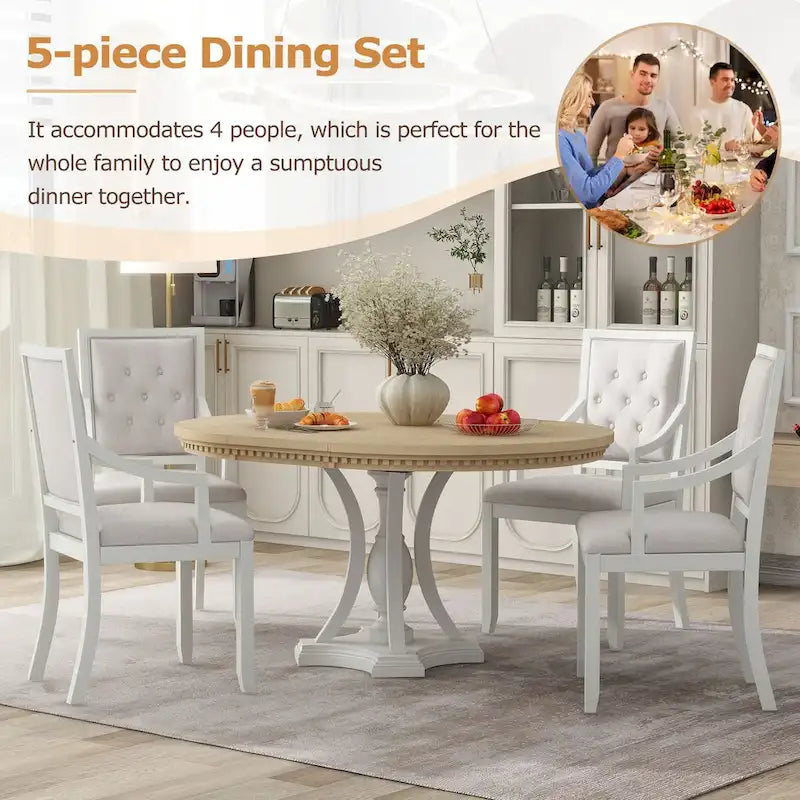 5-Piece Dining Set Extendable Round Dining Table and 4 Upholstered Back Chairs for Kitchen Dining Room