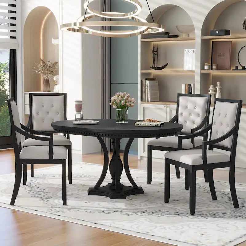 5-Piece Dining Set Extendable Round Dining Table and 4 Upholstered Back Chairs for Kitchen Dining Room