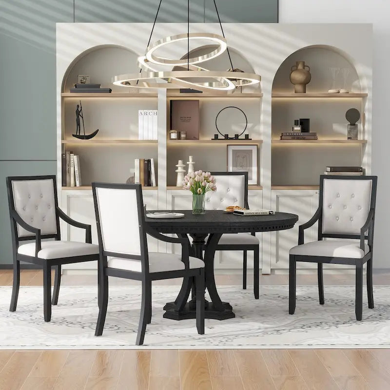 5-Piece Dining Set Extendable Round Dining Table and 4 Upholstered Back Chairs for Kitchen Dining Room