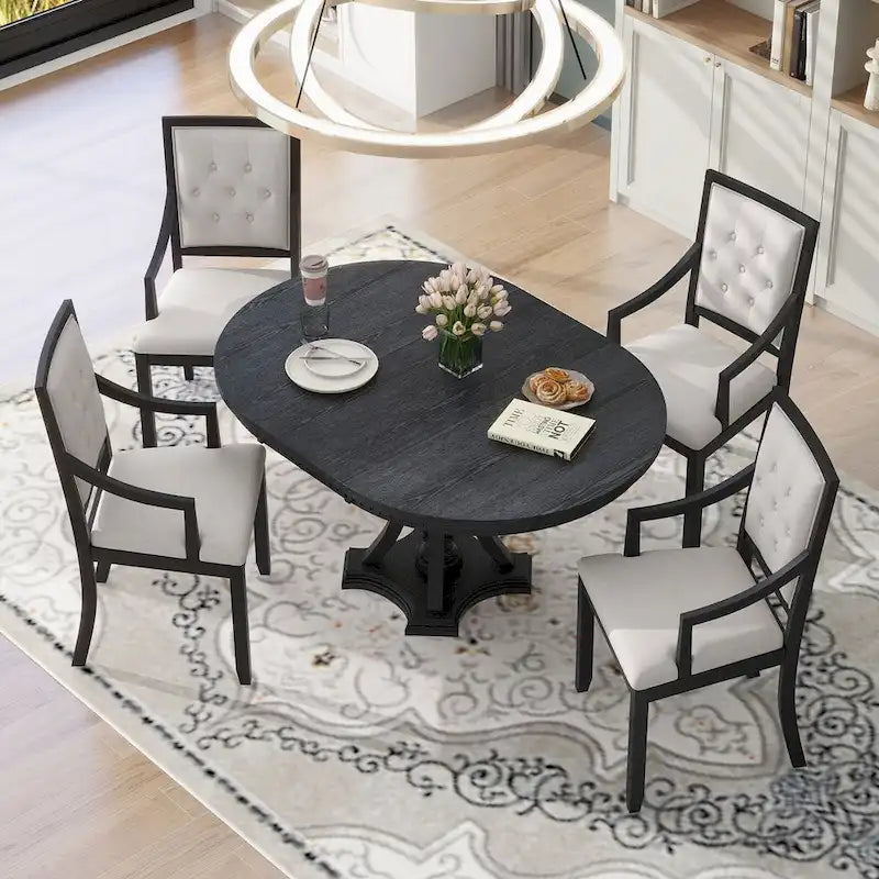 5-Piece Dining Set Extendable Round Dining Table and 4 Upholstered Back Chairs for Kitchen Dining Room