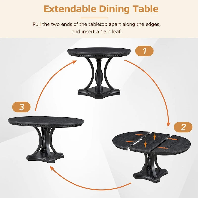 5-Piece Dining Set Extendable Round Dining Table and 4 Upholstered Back Chairs for Kitchen Dining Room