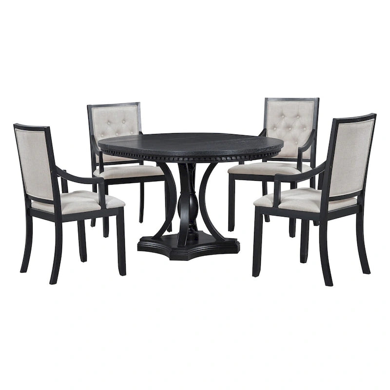 5-Piece Dining Set Extendable Round Dining Table and 4 Upholstered Back Chairs for Kitchen Dining Room