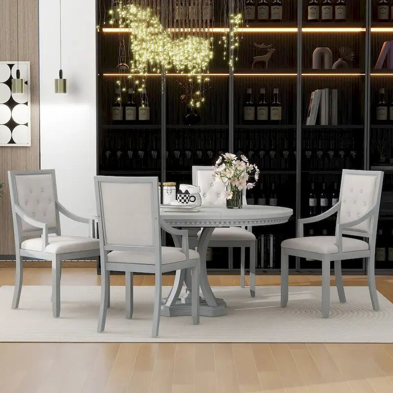 5-Piece Dining Set Extendable Round Dining Table and 4 Upholstered Back Chairs for Kitchen Dining Room