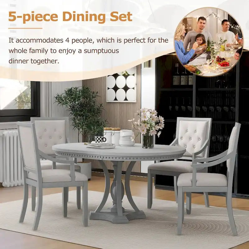 5-Piece Dining Set Extendable Round Dining Table and 4 Upholstered Back Chairs for Kitchen Dining Room