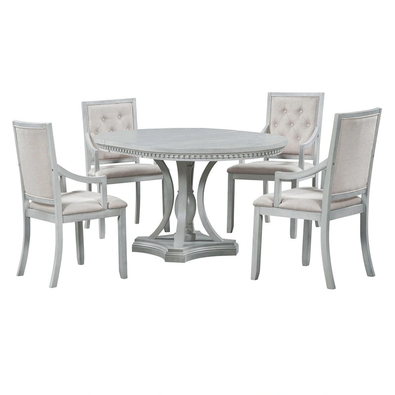 5-Piece Dining Set Extendable Round Dining Table and 4 Upholstered Back Chairs for Kitchen Dining Room
