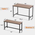 Dining Table Set for 4, Kitchen Table with Benches, Rectangular Dining Room Table Set with 2 Metal Wood Benches, 3 Piece Dining