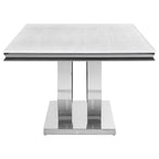 71 Inch Dining Table, Rectangular White Faux Marble Top, Pedestal Base