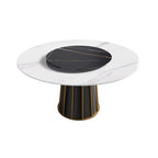 59 White Round Dining Table with Lazy Susan, Sintered Stone Tabletop - N/A
