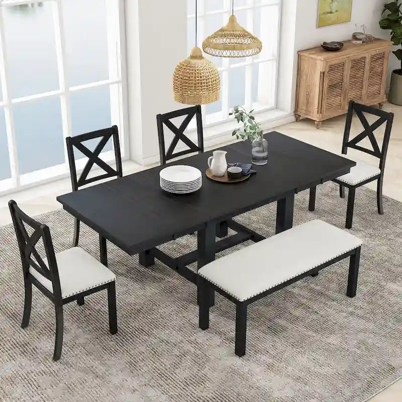 6-Piece Extendable Dining Table Set with 4 Chairs and Bench
