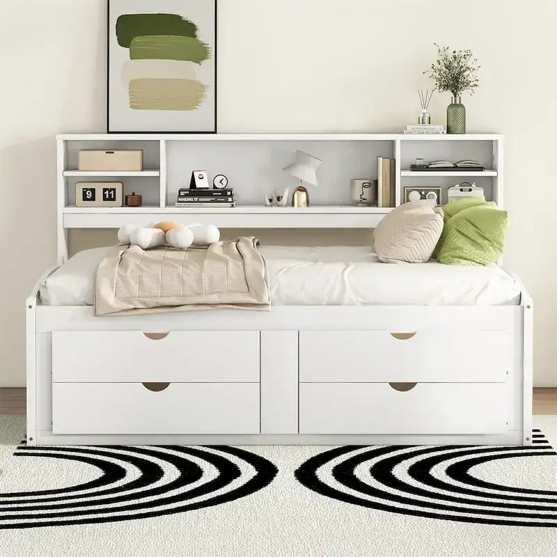 Merax Full Size Wood Daybed with Cabinets, Shelves and 4 Drawers