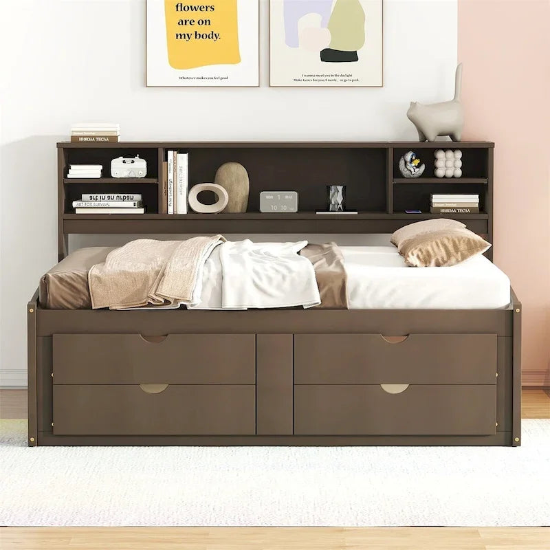 Merax Full Size Wood Daybed with Cabinets, Shelves and 4 Drawers