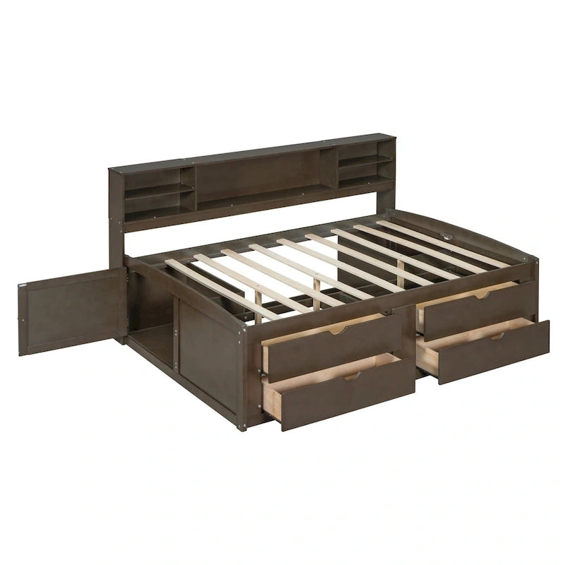 Merax Full Size Wood Daybed with Cabinets, Shelves and 4 Drawers