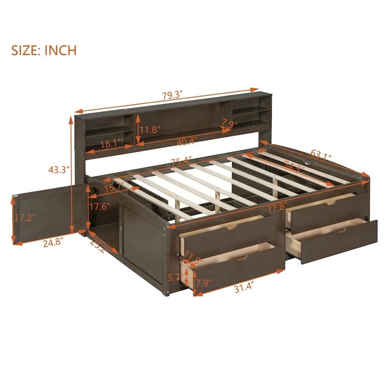 Merax Full Size Wood Daybed with Cabinets, Shelves and 4 Drawers