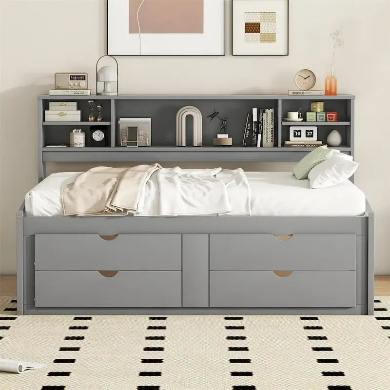 Merax Full Size Wood Daybed with Cabinets, Shelves and 4 Drawers