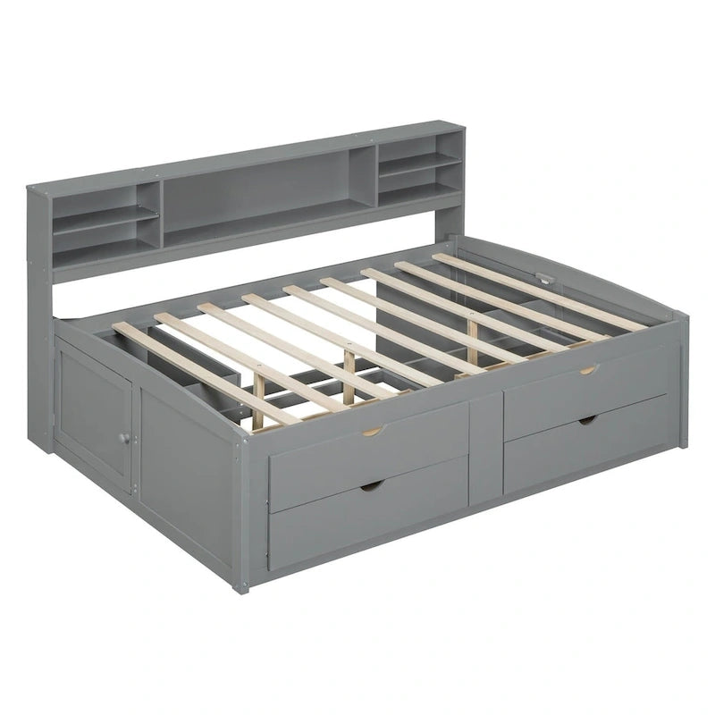 Merax Full Size Wood Daybed with Cabinets, Shelves and 4 Drawers