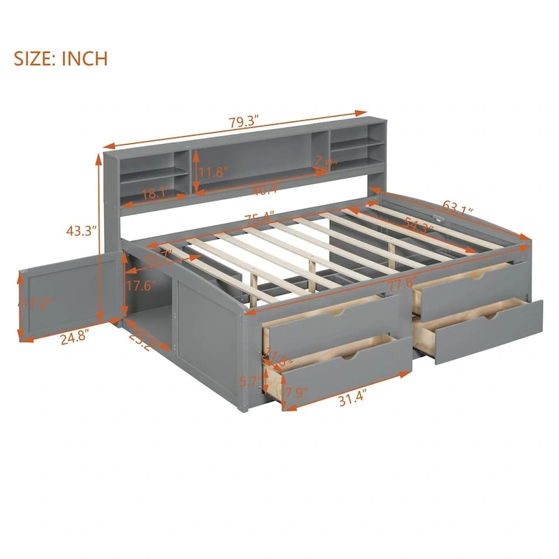 Merax Full Size Wood Daybed with Cabinets, Shelves and 4 Drawers