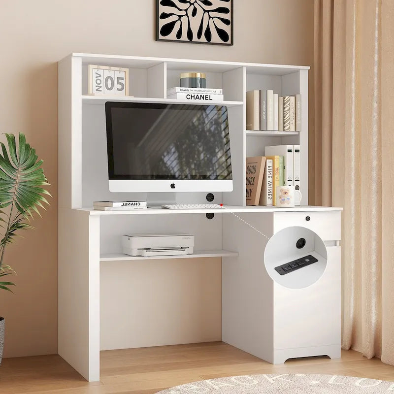 Computer Desk with Bookshelf,Wood Desk Teens Writing Laptop Home Office Desk with Drawers,3 AC Outlets and 2 USB Charging Ports