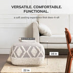 Jani Chippewa 22 x 22 x 16 Gray & Ivory Square Pouf Ottoman - Handmade Footrest for Living Room, Bedroom, Nursery, Kidsroom