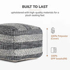 Jani Grey Striped Handwoven 24-inch Square Pouf Ottoman - Stylish Footrest for Living Room, Bedroom
