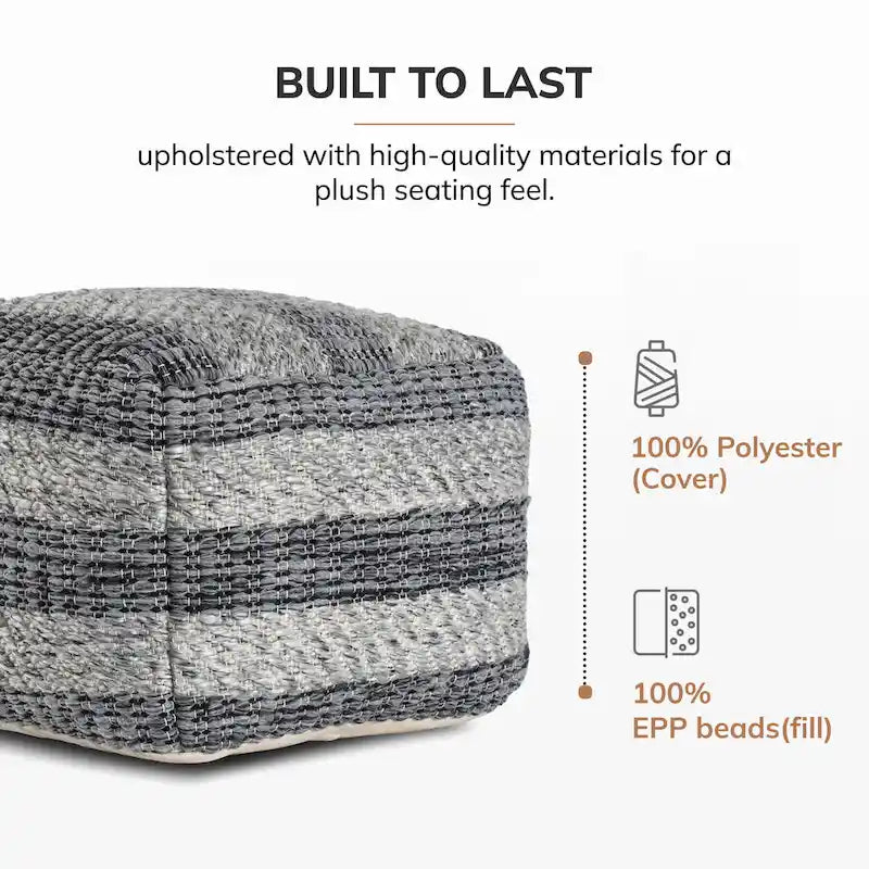 Jani Grey Striped Handwoven 24-inch Square Pouf Ottoman - Stylish Footrest for Living Room, Bedroom