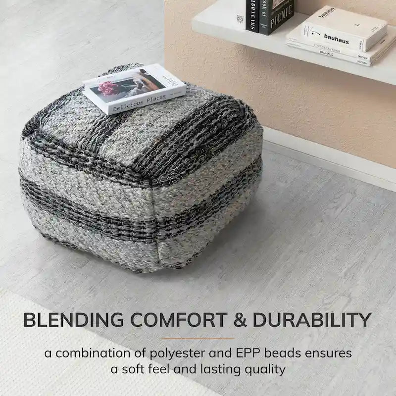 Jani Grey Striped Handwoven 24-inch Square Pouf Ottoman - Stylish Footrest for Living Room, Bedroom
