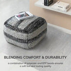 Jani Grey Striped Handwoven 24-inch Square Pouf Ottoman - Stylish Footrest for Living Room, Bedroom