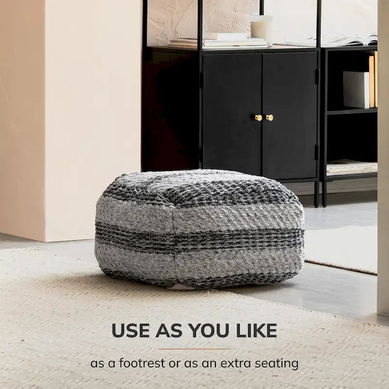 Jani Grey Striped Handwoven 24-inch Square Pouf Ottoman - Stylish Footrest for Living Room, Bedroom