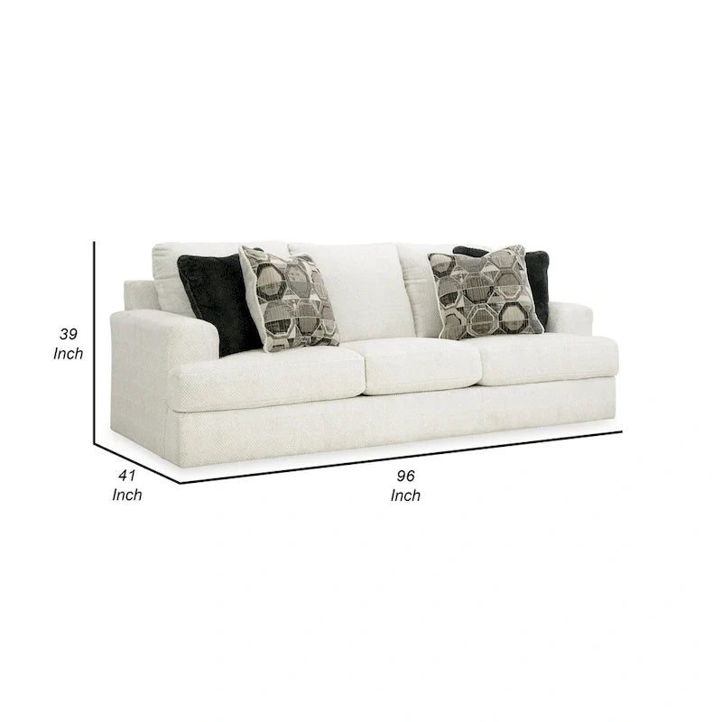 Henly 96 Inch Sofa, Oversized, 4 Accent Pillows, Soft White Polyester