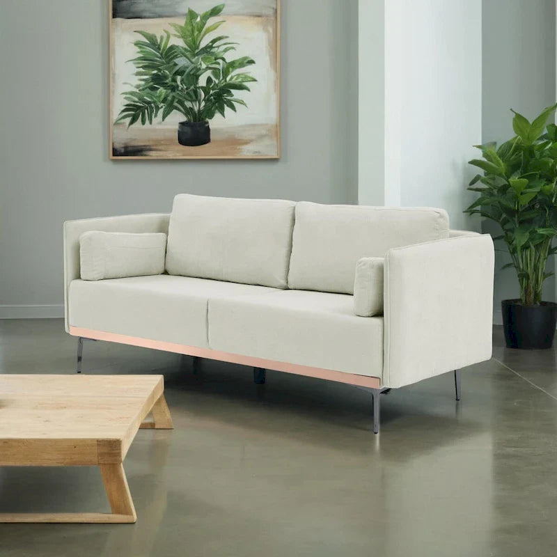 3-Seat Sofa with Stainless Steel Trim,Linen Fabric Couch,w/Metal Legs,for Living Room,Apartment,Office