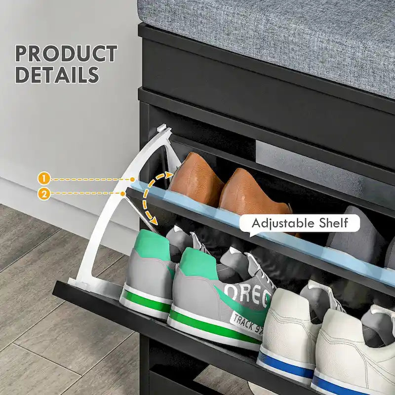 Shoe Rack Bench with Cushion, 2 Drawers and Adjustable Shelf