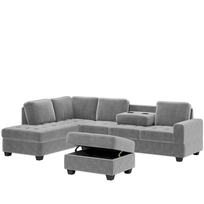 112-inch Modern L-shaped Sectional Sofa with Reversible Chaise, Storage Ottoman and Two Cup Holders - 112W x 80D x 33.7H