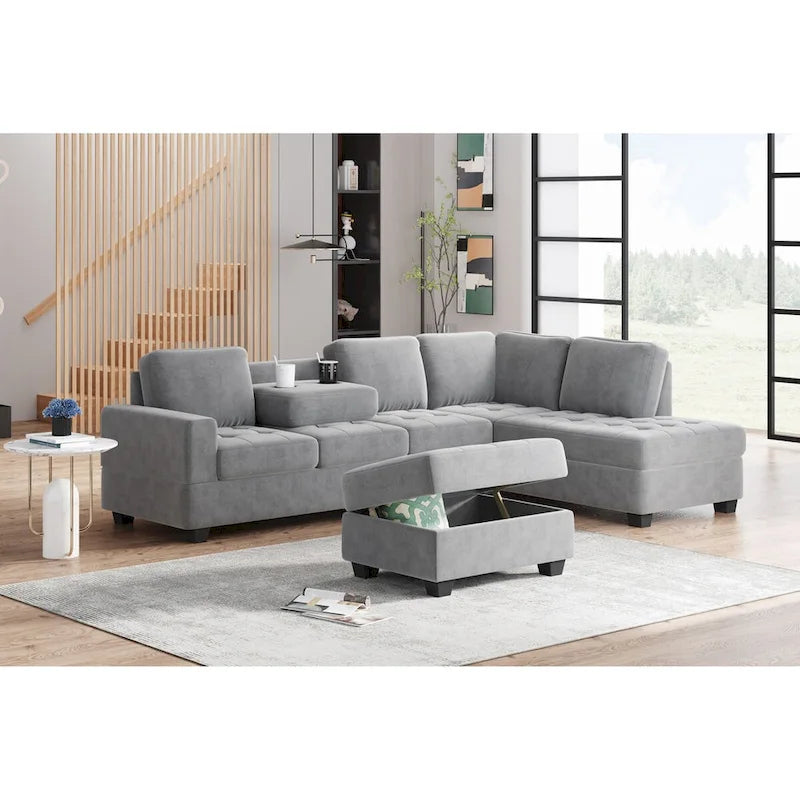 112-inch Modern L-shaped Sectional Sofa with Reversible Chaise, Storage Ottoman and Two Cup Holders - 112W x 80D x 33.7H