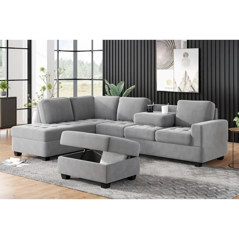 112-inch Modern L-shaped Sectional Sofa with Reversible Chaise, Storage Ottoman and Two Cup Holders - 112W x 80D x 33.7H