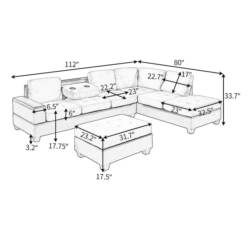 112-inch Modern L-shaped Sectional Sofa with Reversible Chaise, Storage Ottoman and Two Cup Holders - 112W x 80D x 33.7H