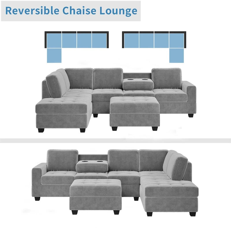 112-inch Modern L-shaped Sectional Sofa with Reversible Chaise, Storage Ottoman and Two Cup Holders - 112W x 80D x 33.7H