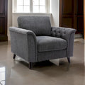 Sen 37 Inch Accent Sofa Chair, Tufted Arms, Padded, Gray Linen, Solid Wood