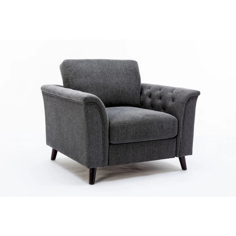 Sen 37 Inch Accent Sofa Chair, Tufted Arms, Padded, Gray Linen, Solid Wood