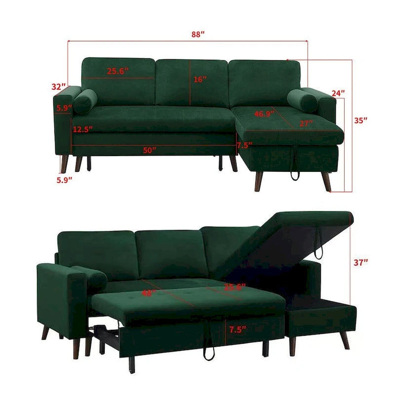 88 W L-Shaped Reversible Multifunctional Sofa Bed with Storage Recliner